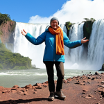 **Prompt 1: Versatile Argentine Journey Attire**
    **Description:** A dynamic, adventurous traveler (gender-neutral) stands confidently amidst a composite background showcasing Argentina's vast climatic diversity. One side of the background depicts a vibrant, warm, and humid northern region (e.g., lush Iguazu Falls or the arid beauty of Salta's mountains under a bright sun), while the other side transitions seamlessly into a cold, windswept, and snowy Patagonian or Andean landscape. The traveler is wearing a multi-layered outfit (e.g., a light base layer visible, a fleece mid-layer, and a versatile, detachable/packable waterproof jacket), holding or gesturing towards a light scarf and perhaps a pair of comfortable walking shoes. The overall impression is one of readiness and comfort across varying conditions.