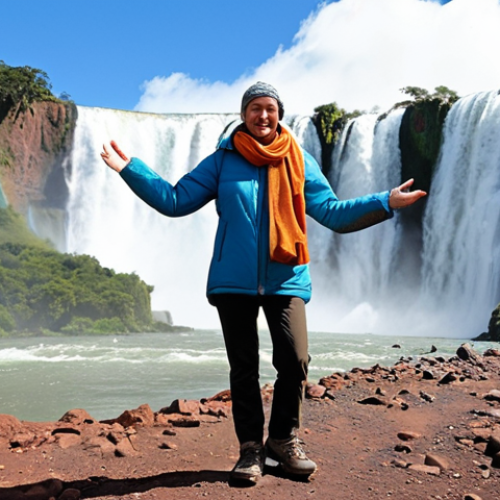 **Prompt 1: Versatile Argentine Journey Attire**
    **Description:** A dynamic, adventurous traveler (gender-neutral) stands confidently amidst a composite background showcasing Argentina's vast climatic diversity. One side of the background depicts a vibrant, warm, and humid northern region (e.g., lush Iguazu Falls or the arid beauty of Salta's mountains under a bright sun), while the other side transitions seamlessly into a cold, windswept, and snowy Patagonian or Andean landscape. The traveler is wearing a multi-layered outfit (e.g., a light base layer visible, a fleece mid-layer, and a versatile, detachable/packable waterproof jacket), holding or gesturing towards a light scarf and perhaps a pair of comfortable walking shoes. The overall impression is one of readiness and comfort across varying conditions.