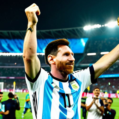 Home 6 A professional photograph of Lionel Messi in his Argentina national team jersey, fully clothed and in modest athletic attire, holding the FIFA World Cup trophy aloft in a moment of pure triumph. The setting is a brightly lit, modern football stadium in Qatar, with blurred, jubilant crowds in the background. The scene captures the essence of his historic win, with confetti falling around him, showcasing a celebration of ultimate success. The image should be professional, high-quality, safe for work, appropriate content, perfect anatomy, correct proportions, natural pose, well-formed hands, proper finger count, natural body proportions, and family-friendly.