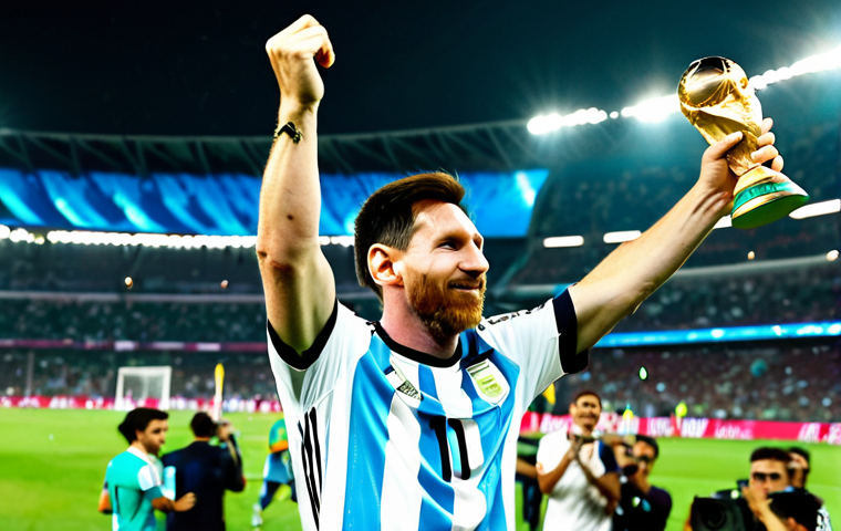 A professional photograph of Lionel Messi in his Argentina national team jersey, fully clothed and in modest athletic attire, holding the FIFA World Cup trophy aloft in a moment of pure triumph. The setting is a brightly lit, modern football stadium in Qatar, with blurred, jubilant crowds in the background. The scene captures the essence of his historic win, with confetti falling around him, showcasing a celebration of ultimate success. The image should be professional, high-quality, safe for work, appropriate content, perfect anatomy, correct proportions, natural pose, well-formed hands, proper finger count, natural body proportions, and family-friendly.
